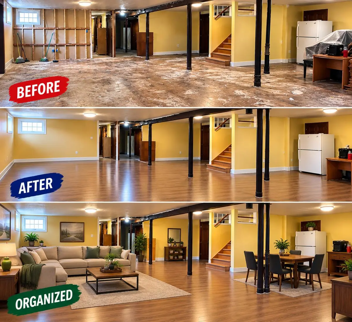 Basement shown before cleanout, after cleaning and after organization