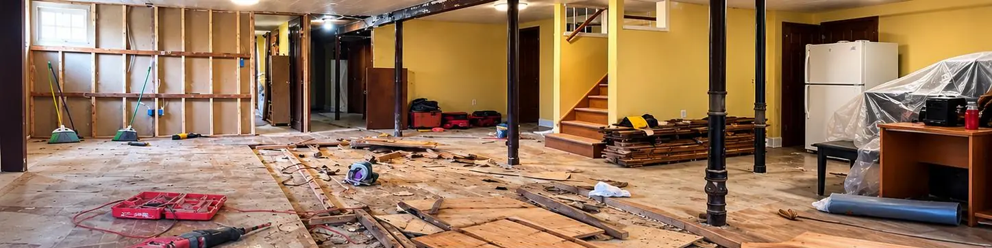 Cluttered basement with boxes and stored items before a cleanout in a Boston home