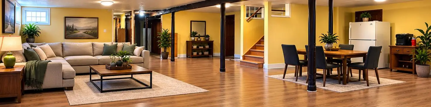 Organized and cleaned basement living space in a Greater Boston home