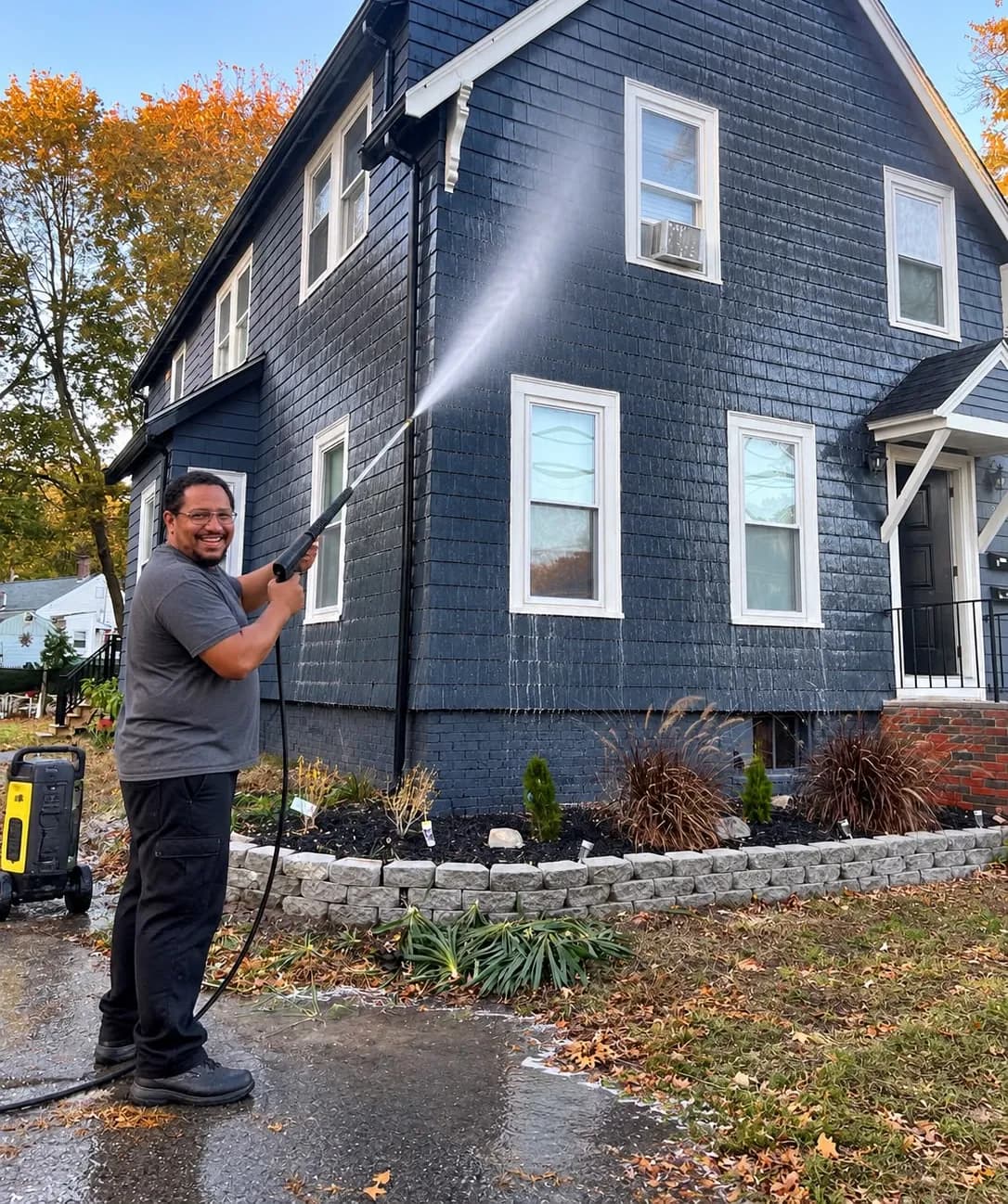 Clean house siding after a power washing job near Boston, Massachusetts