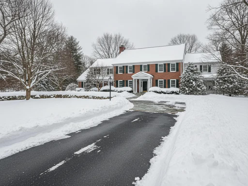 Shoveled driveway and front walkway of a colonial house after a snowstorm in the Boston area