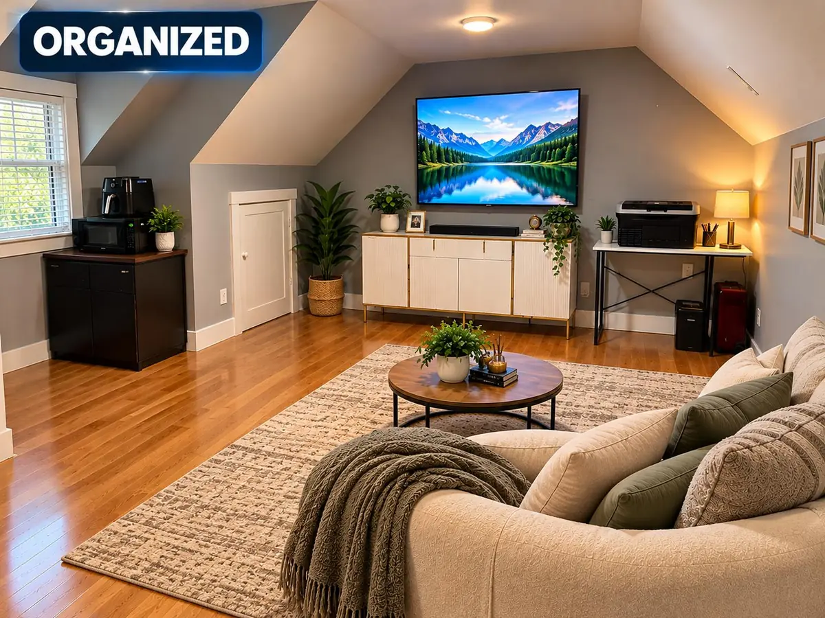 Bonus room organized with couch, rug and TV wall