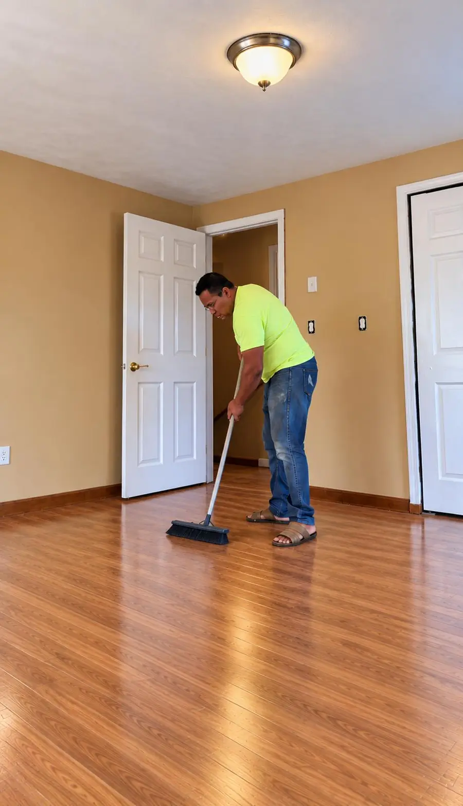 JM Cleaning crew member sweeping a bedroom floor